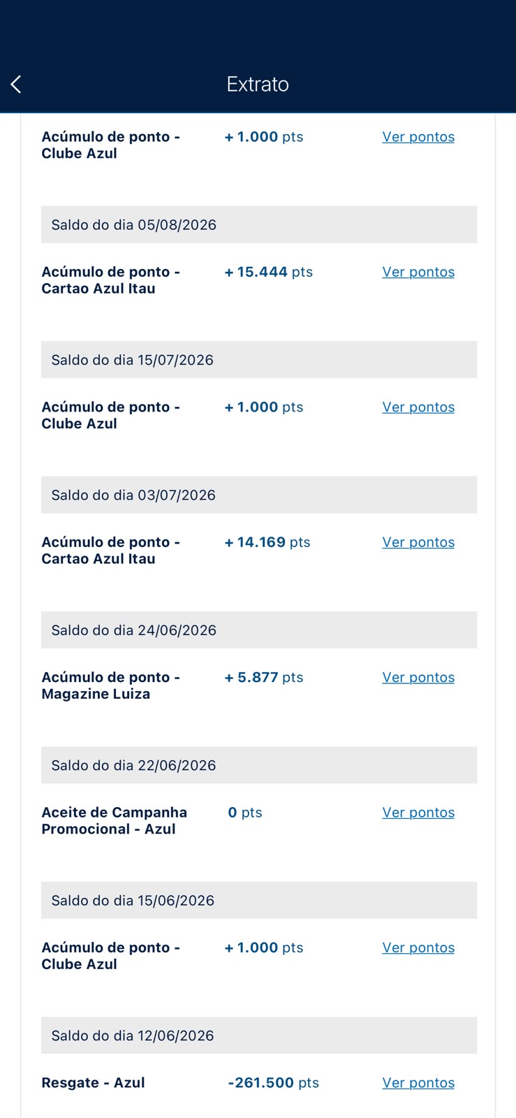 Detalhe do extrato Azul: crédito de 5.877 pontos de origem Magazine Luiza em 24 de junho de 2026
