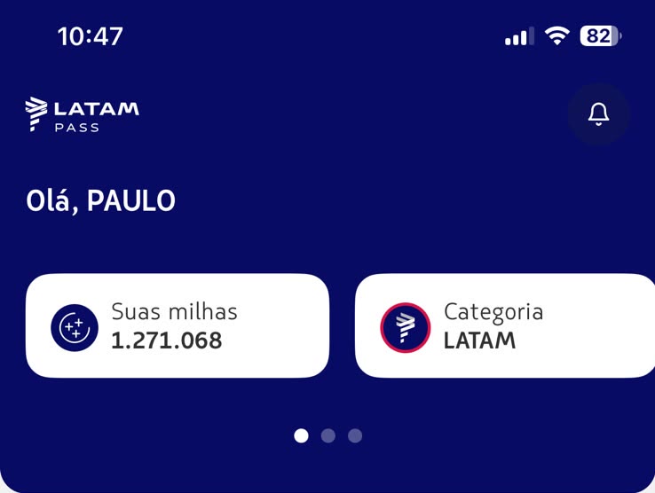 Tela do aplicativo Latam Pass: Olá, Paulo. Suas milhas: 1.271.068